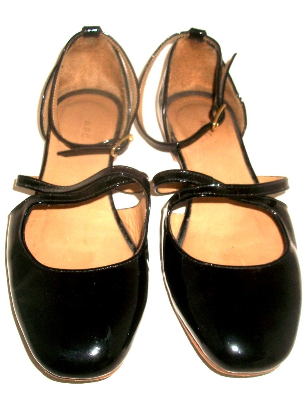 A.P.C. Paris Black Patent-Leather Ankle Strap Flats w Criss Cross Straps 37M 7M
